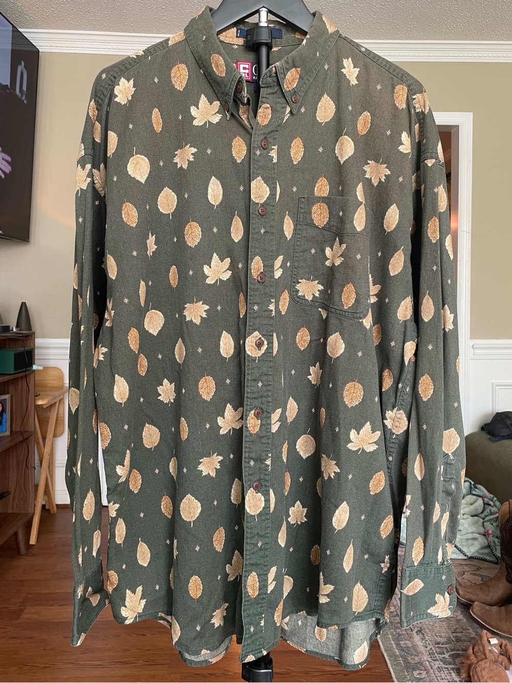 VTG Ralph Lauren Chaps XL Mens Shirt Button‎ Down Long Sleeve Green Leaves
